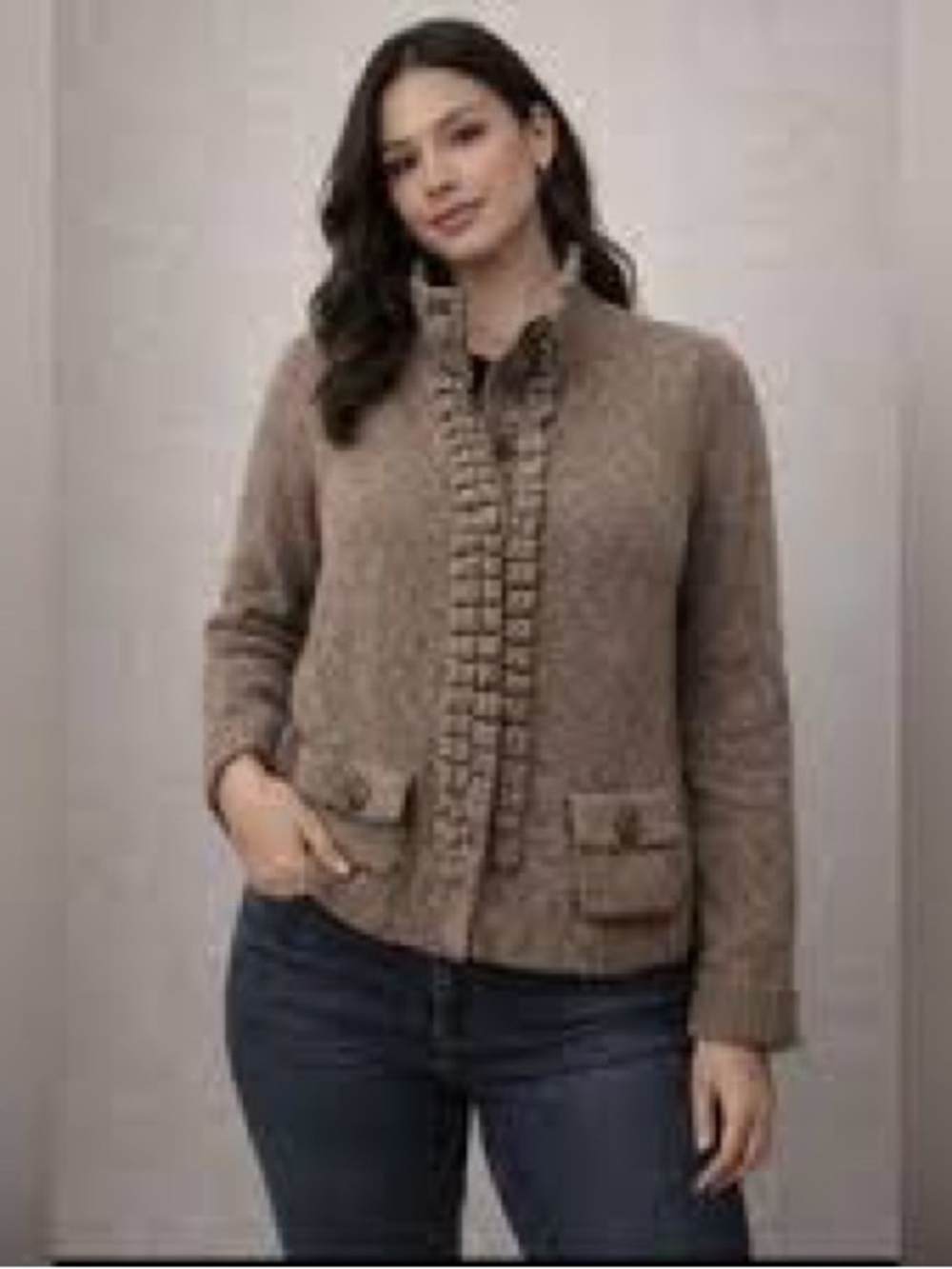 Anthropologie MOTH Floating Sparks Ruffle Detailed Knit Cardigan Brown Pockets